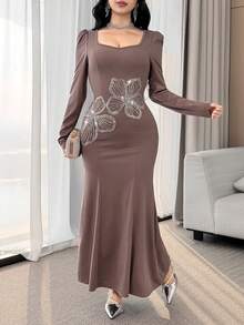Feyla Elegant Floral Rhinestone Embellished Sweetheart Neck Puff Sleeve Fishtail Hem Dress For Women - Khaki - View 7