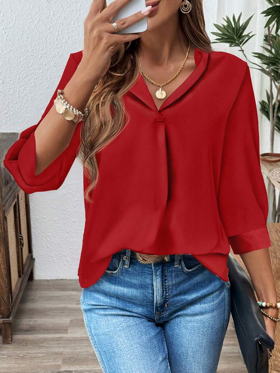 EMERY ROSE Áo thun dài tay in họa tiết Giáng sinh màu đỏ trơn cỡ lớn dành cho nữ, cổ chữ V, phù hợp cho mùa thu/đông - Nhiều màu - Xem 1