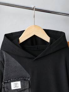 Mirajuku 两件套休闲酷炫男童牛仔拼接连帽衫和运动裤套装，适合休闲和通勤穿着 - 黑色 - 查看 6