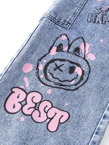 SHEIN ChillGRL 少女休闲牛仔裤，时尚个性化设计，彩色樱桃印花，中腰，宽松直筒裤型，做旧蓝色，街头休闲风格 - 淺色水洗藍 - 查看 6