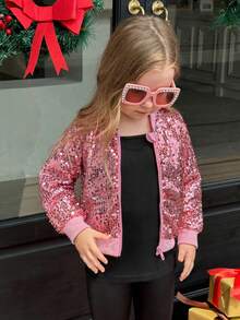 Young Girl Pink Ribbed Stand Collar Zip-Up Jacket With Full Sequins Embellishment, Long Sleeve, Ribbed Cuffs And Hetic & Elegant, Autumn/Winter