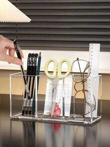 1PC Transparent Acrylic Cosmetic Brush Holder, Desktop Vanity Organizer For Lipstick, Eyebrow Pencil, Skin Care Products And Makeup Mirror - transparent - View 4