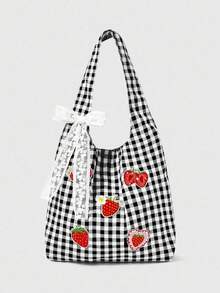 ROMWE Kawaii 1 chiếc balo thêu hình dâu tây, họa tiết kẻ caro đỏ trắng cổ điển, túi đeo vai dung tích lớn, túi xách nhẹ, đa năng cho mùa tựu trường và kỳ nghỉ. - màu đen - Xem 7