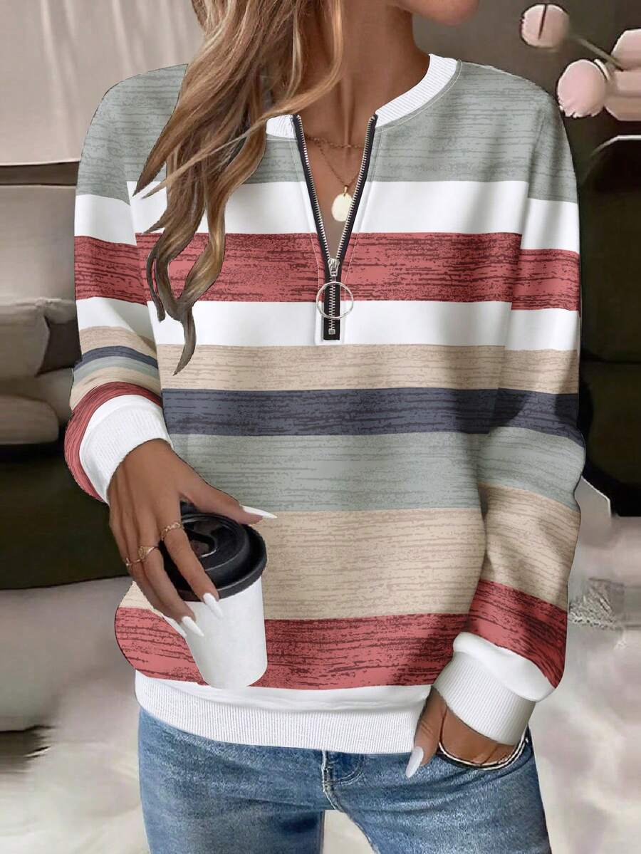 EMERY ROSE Plus Size Women Casual Textured Striped Print Zip-Up Crew Neck Sweatshirt, American Minimalist Style