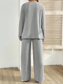 SHEIN 2pcs Maternity Set: Solid Color Drop Shoulder Long Sleeve Button-Up Top And Adjustable Waist Pants, Casual - Grey - View 2
