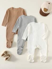 SHEIN 3pcs Newborn Baby Unisex Casual Cute Solid Color & Cartoon Pattern Long Sleeve Romper Jumpsuit, Baby Winter Clothes Baby Outfits Unisex For Fall Baby Boy Fall Newborn Zipper Suit Neutral Baby Clothes Unisex Baby Casual Zipper Romper - Multicolor - View 2
