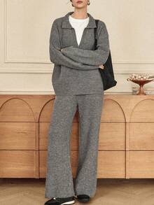 Dazy-Less 女士宽松商务休闲优雅针织毛衣连帽衫和直筒运动裤两件套，适合秋季、冬季、新年、圣诞节 - 灰色 - 查看 3