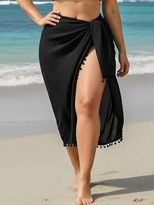 Swim Lushoire Plus Size Solid Color Skirt Cover-Up, Bohemian Style Tassel Beach Wrap - Black - View 5