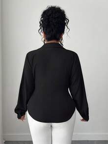 Elenzga Plus Size Women Solid Color Asymmetric Hem Wrap Elegant Long Sleeve Blouse