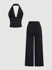 Sweetra Tall 2 件套女士时尚亮片挂脖吊带背心和及踝长裤套装，经典百搭，秋冬 - 黑色 - 查看 2