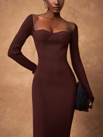 Zivah Robe en tricot élégante à manches longues, col en cœur, ajustée, couleur unie, automne/hiver pour femmes