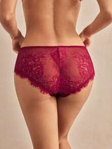 Charlaine 勃艮第蕾丝拼布缎面透明优雅简约浪漫法式中腰女式内裤，日常穿着 - 酒紅色 - 查看 2