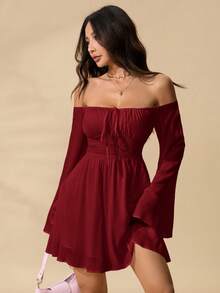 SHEIN PETITE 浪漫露肩荷叶边袖腰连衣裙 - 酒紅色 - 查看 1