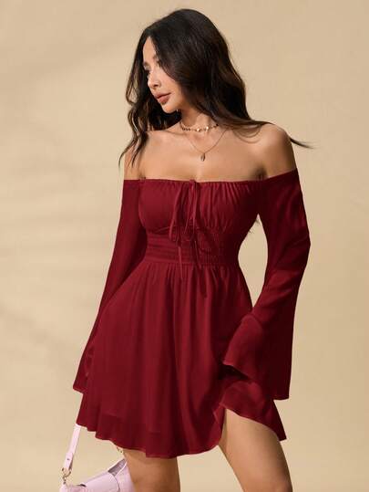 SHEIN PETITE 浪漫露肩荷叶边袖腰连衣裙