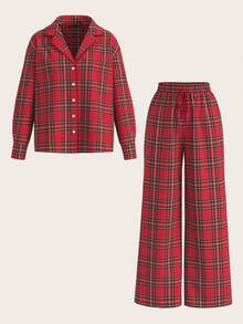 SHEIN PETITE Dames Nachtmode Pyjama Set Check Red Top And Pants Twill, Christmas - Burgundy - View 2