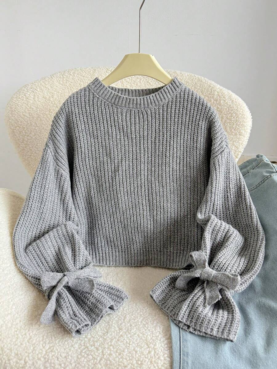 SHEIN 女童秋冬灰色针织罗纹袖口蝴蝶结宽松套头毛衣 - 灰色 - 查看 1