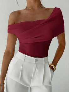 Firerie Women's Elegant Minimalist Chic Fashion Sexy Daily Commute Music Festival Vacation Asymmetric Neck Draped Cropped White Top, Spring/Summer,Red Tops For Women - Burgundy - View 1