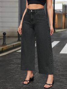 SHEIN ICON 冬季加大码女式高腰阔腿个性时尚七分牛仔裤 - 深灰色 - 查看 7