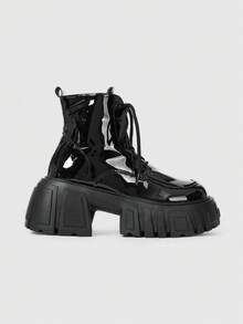 ROMWE Women's Dark Punk Goth Lace-Up Platform Thick Sole Motorcycle Boots, Elevator Riding Ankle Boots - Black - View 4