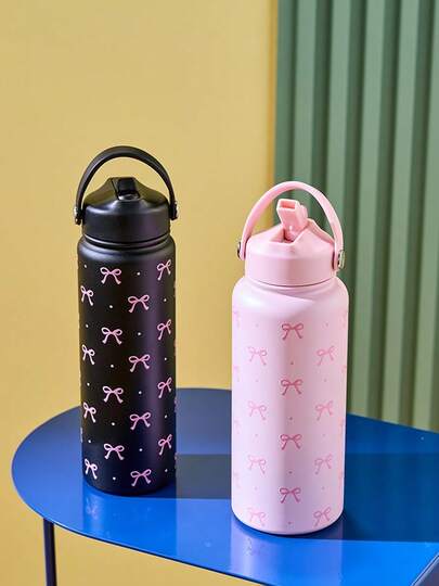 Joivida 1pc 800ml/1000ml Insulated Water Bottle With Bowknot Pattern - Durable And Reusable Drinkware Ideal For Summer Hydration, Vintage Y2K Aesthetic Gym Bottle For Hot & Cold Beverages - Perfect For Outdoor Adventures, Picnics, Sports, Camping, And Office Use