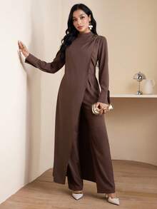 Veilorie Conjunto de ropa de estilo árabe para mujer con cuello de nicho y abertura - Óxido marrón - Ver 1