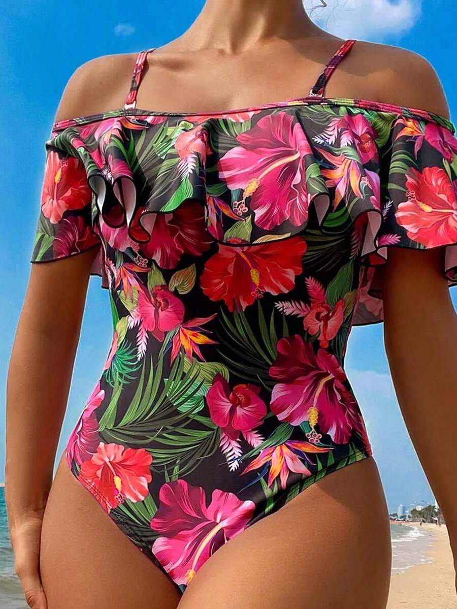 Swim Lushoire 女款露肩花卉印花荷葉邊一片式泳衣 - 彩色 - 查看 1