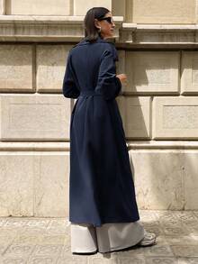 Aloruh Women's Barn Style Navy Blue Long Sleeve Pockets Long Trench Coat - Navy Blue - View 5