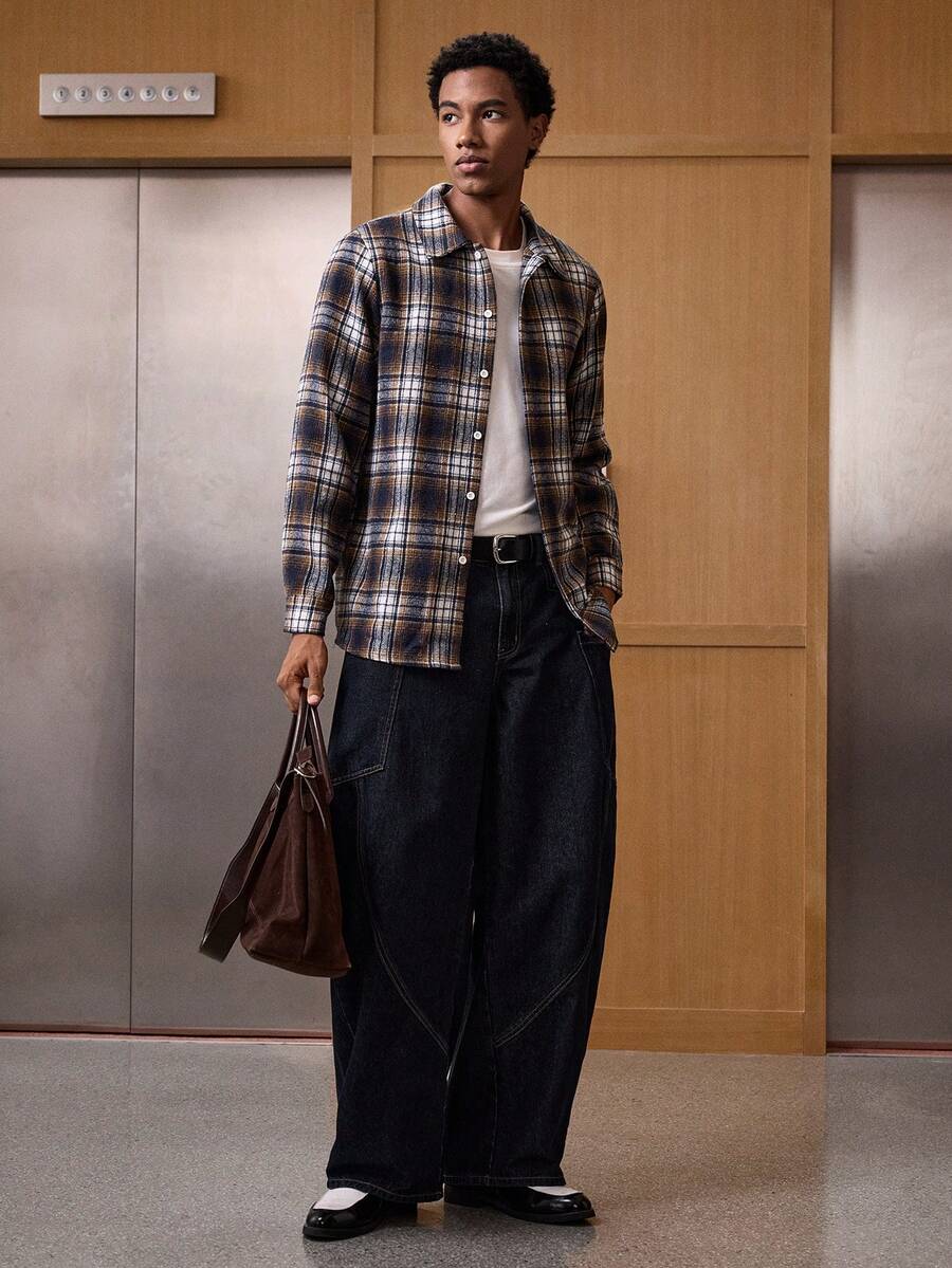 SWAVVY Camisa de vestir de manga larga con diseño de cuadros minimalista y casual para hombres - Marrón - View 1