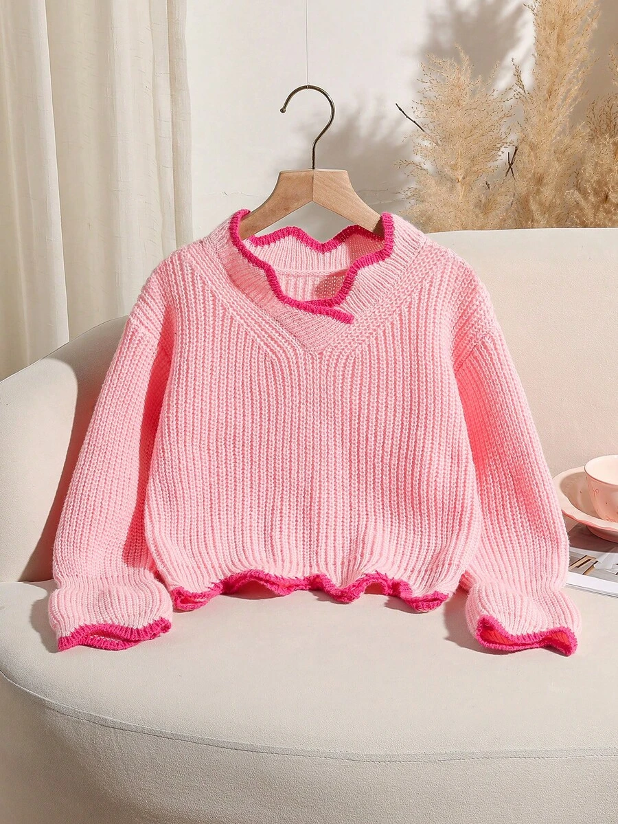 Genkimix Kids 青少年女孩粗针织短款长袖毛衣，秋冬款，V 领荷叶边下摆，喇叭袖，时尚套头衫 - 粉色 - 查看 1