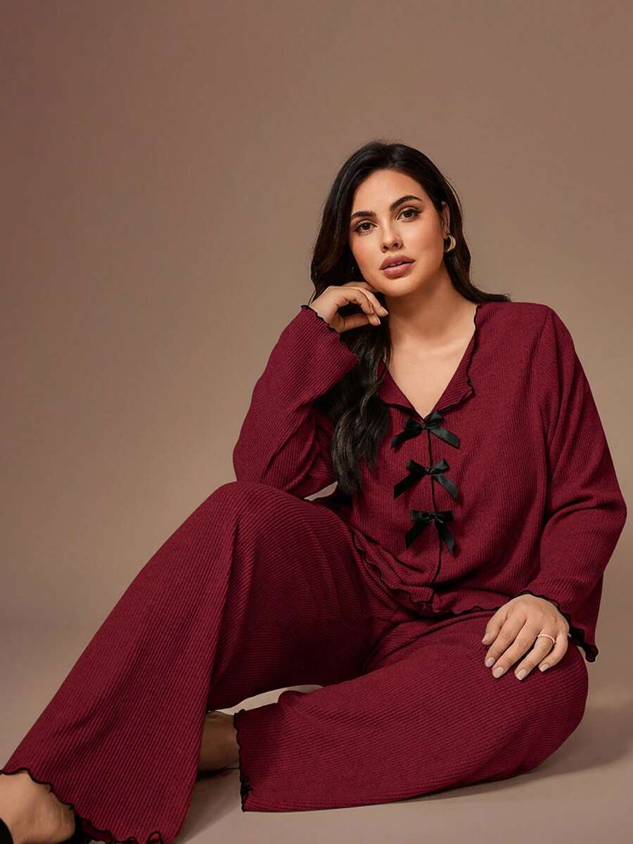 Lazeform Plus Size Women Knitted Ribbed Fleece Bow Decor Ruffle Trim Casual Lounge Set, Long Sleeve Top And Pants, Cozy Winter Clothes - Red - View 1