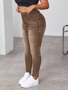 SHEIN EZwear 大码女式高腰口袋紧身休闲百搭牛仔裤 - 棕色 - 查看 1