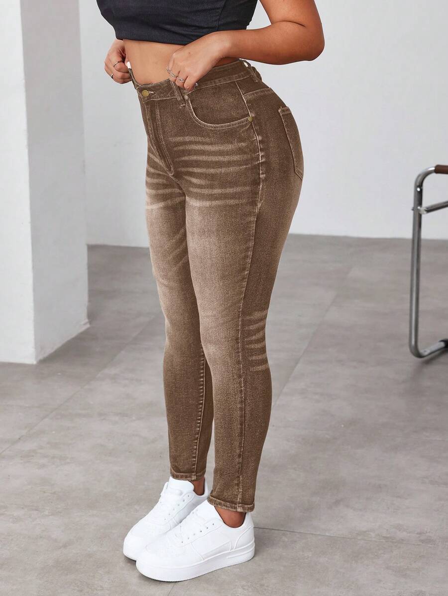 SHEIN EZwear 大码女式高腰口袋紧身休闲百搭牛仔裤 - 棕色 - 查看 1