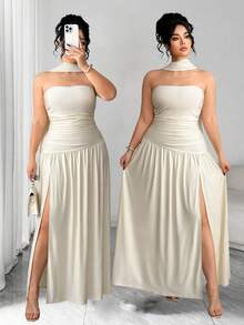 Váy dài Elenzga thanh lịch, vải bóng mới, dáng rộng, không dây, xếp ly eo, xẻ tà, thích hợp cho đám cưới, tiệc tốt nghiệp, hẹn hò và kỳ nghỉ - Màu be - Xem 7