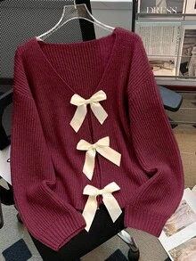 Franclia Sweater Lengan Panjang Wanita Model Longgar dengan Hiasan Pita dan Bahu Jatuh, Musim Gugur/Dingin - Burgundy - View 4