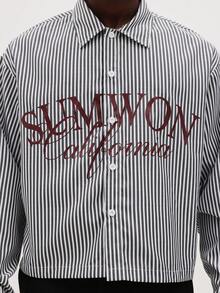 SUMWON 重磅条纹长袖纽扣衬衫，胸前印花，适合秋冬季办公室休闲穿着 - 黑與白 - 查看 5