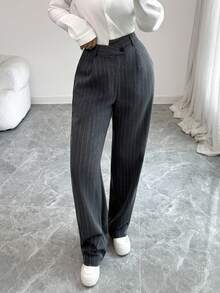 Rafferiza Calça Listrada Assimétrica de Cintura para Mulheres, Ideal para Uso Diário