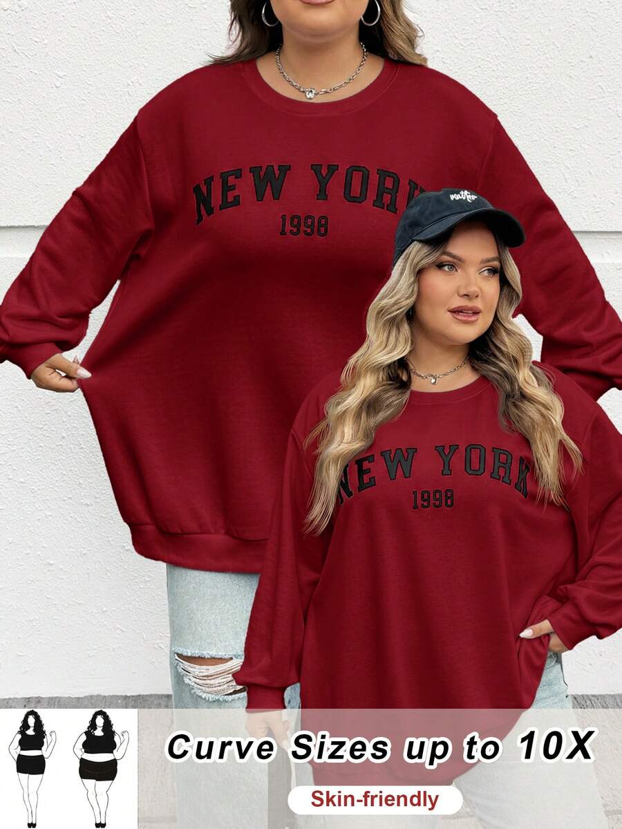 SHEIN CURVE+ 秋冬大码休闲宽松纽约图案圆领长袖女式运动衫 - 酒紅色 - 查看 1