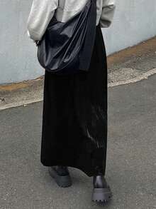 FRIFUL 女士纯色弹力腰带纹理面料直筒半身裙，宽松休闲百搭半身裙，秋冬款 - 黑色 - 查看 2