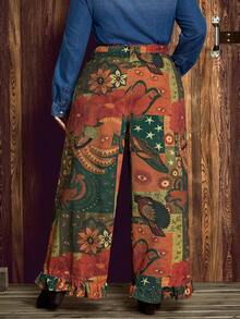 大码牛仔度假风荷叶边阔腿裤 - 彩色 - 查看 2