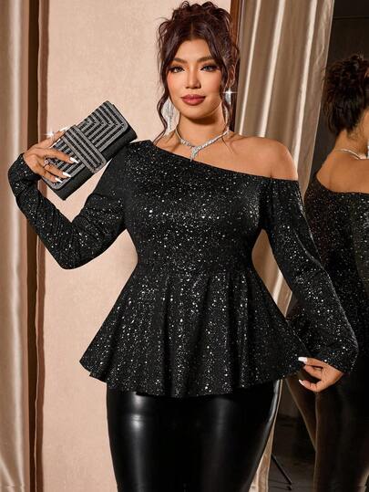 Cravure Plus Size Women's Elegant Asymmetrical Asymmetrical Shoulder Fitted T-Shirt, Slimming Asymmetric Shoulder, Suitable For Evening Party, Club, Metallic Sequin Decor, A-Line Hem, Layering Top