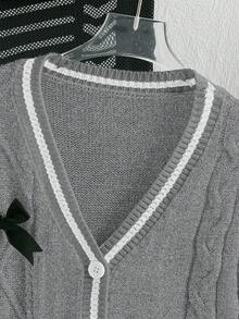 1 件女童开衫，甜美公主风格，纹理针织，撞色领子，黑色蝴蝶结装饰，V 领，长袖毛衣开衫，常规厚度，百搭，清新柔软，针织外套，适合日常、上学、外出、春秋季