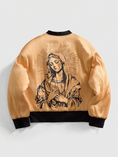 Street Life Chaqueta de béisbol con cremallera, cuello y gráfico de la Virgen María de colores brillantes para hombre