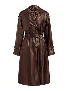 Ellevyn 女士通勤豹纹内衬PU风衣，轻便，适合秋冬季 - 咖啡棕 - 查看 6