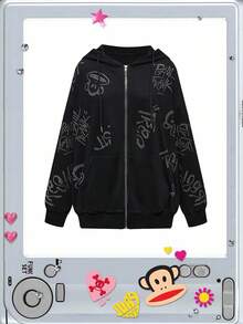Paul Frank X ROMWE Áo hoodie cỡ lớn in logo toàn bộ đính đá Rhinestone trang trí phong cách đường phố - màu đen - Xem 8
