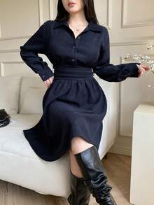 Feyla Casual Versatile Commuter Women Shirt Dress Navy Blue Elegant Dress Dark Blue Dress Collared Dress French Style Dress Long Sleeve Dresses Woman Winter Clothes For Women - Navy Blue - View 3