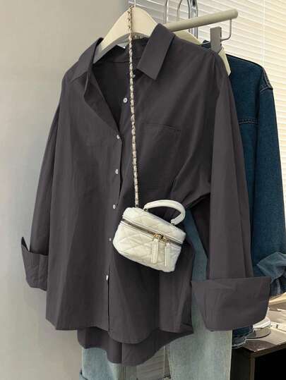 INAWLY Women's Solid Color Drop Shoulder Long Sleeve Casual Front Button Pocket Shirt