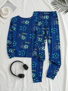 Tween Boy Black Base Minimalist Blue Print Long SleeveSnug Fitt Loungewear Set Gamer Boys Jogger Sets Glow In The Dark Pajamas - Multicolor - View 2