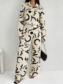 Chiquease Damen Französischer eleganter Lässig Pendler Schulanfang Schwarz & Weiß geometrischer Blume Muster Langarm 2-teiliges Set