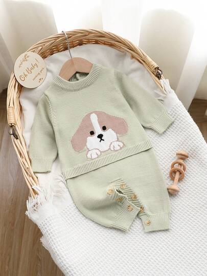 SHEIN Baby Boys/Girls Knitted Jumpsuit, Crew Neck Long Sleeve Sweater, Comfortable For Autumn/Winter, Versatile Casual Wear, Cute Puppy Jacquard Pattern, Suitable For Daily, Outdoor, Travel, Daycare Baby Clothing Sets Neutral Baby Clothes Baby Dog Clothes Cotton Baby Clothes Boy Dog Clothes Outfits