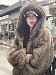 DAZY Damjacka med lång ärm och lös luva, casual, fluffig jacka för höst/vinter - Kaffebrun - Visa 9